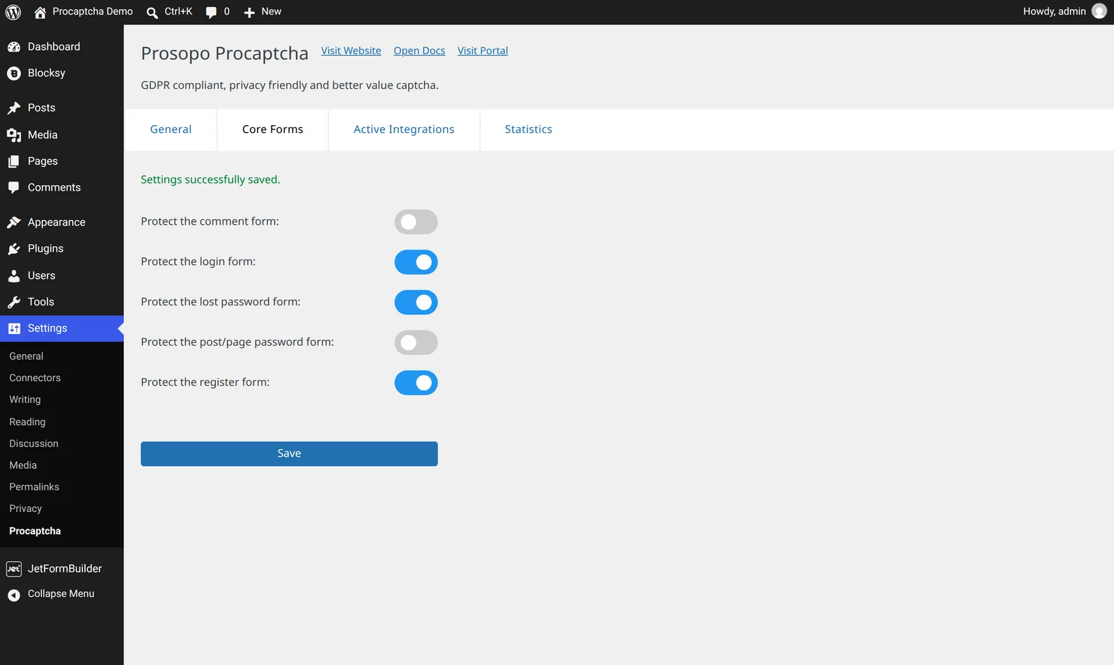The Core Forms tab of the Procaptcha plugin settings, with login protection enabled